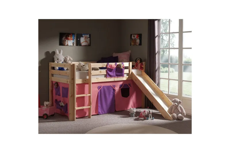 Halvhög Säng med gardin och rutschkana Pino Naturlig, Bella - Naturlig, Bella - Möbler - Barnmöbler - Barnsäng & juniorsäng - Loftsäng barn