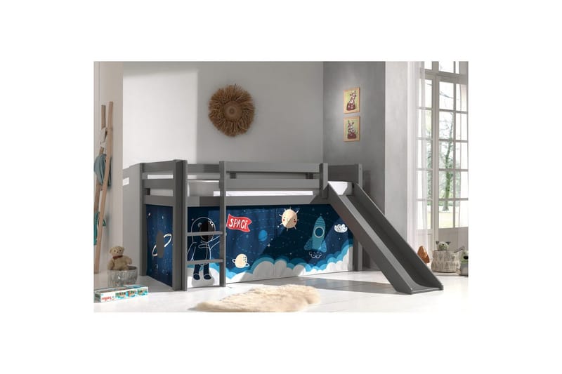 Halvhög Säng med gardin och rutschkana Pino Grå, Rymdfärja - Grå, Rymdfärja - Möbler - Barnmöbler - Barnsäng & juniorsäng - Loftsäng barn