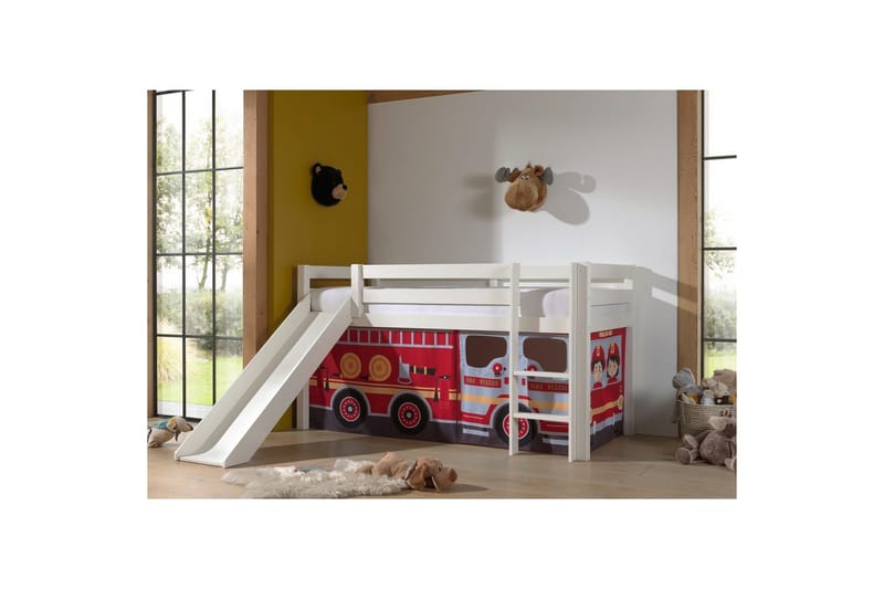 Halvhög Säng med gardin och rutschkana Pino Vit, Brandbil - Vit, Brandbil - Möbler - Barnmöbler - Barnsäng & juniorsäng - Loftsäng barn