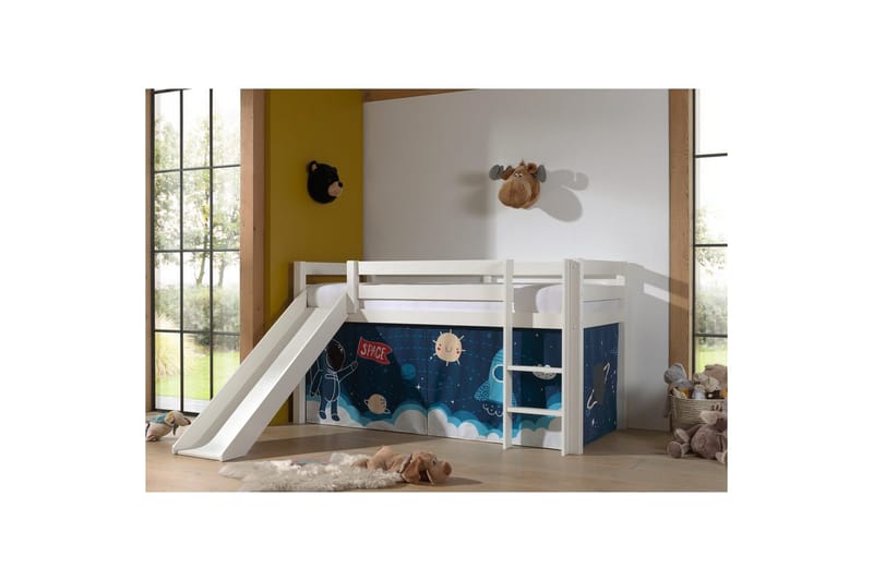 Halvhög Säng med gardin och rutschkana Pino Vit, Rymdfärja - Vit, Rymdfärja - Möbler - Barnmöbler - Barnsäng & juniorsäng - Loftsäng barn