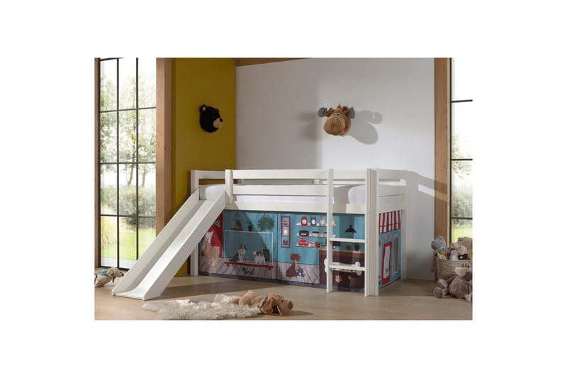 Halvhög Säng med gardin och rutschkana Pino Vit, Husdjursaffär - Vit, Husdjursaffär - Möbler - Barnmöbler - Barnsäng & juniorsäng - Loftsäng barn