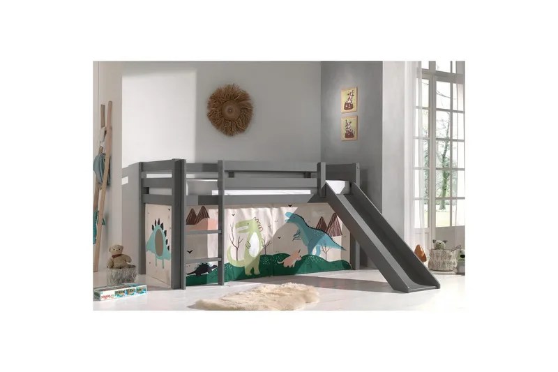 Halvhög Säng med gardin och rutschkana Pino Grå, Dino - Grå, Dino - Möbler - Barnmöbler - Barnsäng & juniorsäng - Loftsäng barn