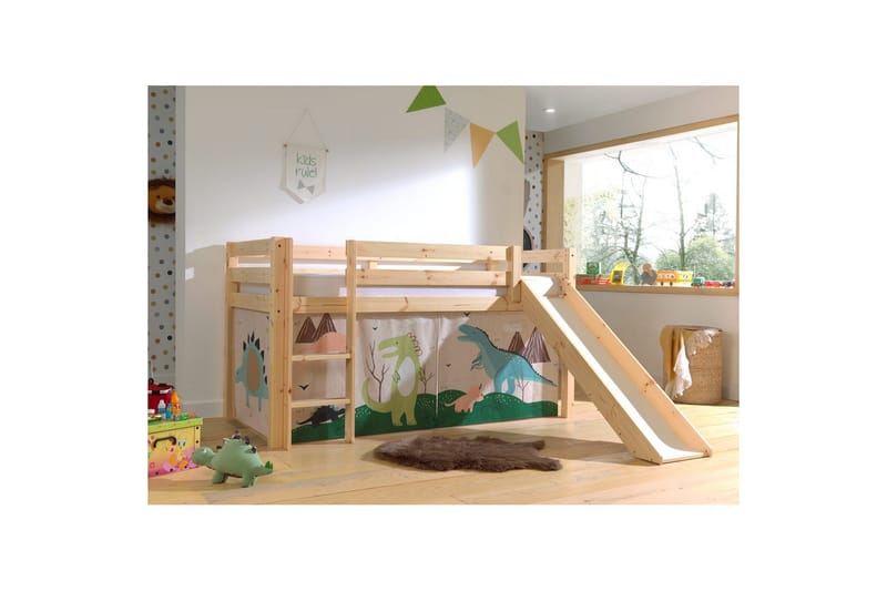 Halvhög Säng med gardin och rutschkana Pino Naturlig, Dino - Naturlig, Dino - Möbler - Barnmöbler - Barnsäng & juniorsäng - Hussäng
