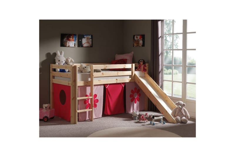 Halvhög Säng med gardin och rutschkana Pino Naturlig, Rosa Blomma - Naturlig, Rosa Blomma - Möbler - Barnmöbler - Barnsäng & juniorsäng - Loftsäng barn