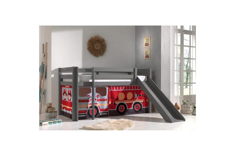 Halvhög Säng med gardin och rutschkana Pino Grå, Brandbil - Grå, Brandbil - Möbler - Barnmöbler - Barnsäng & juniorsäng - Loftsäng barn