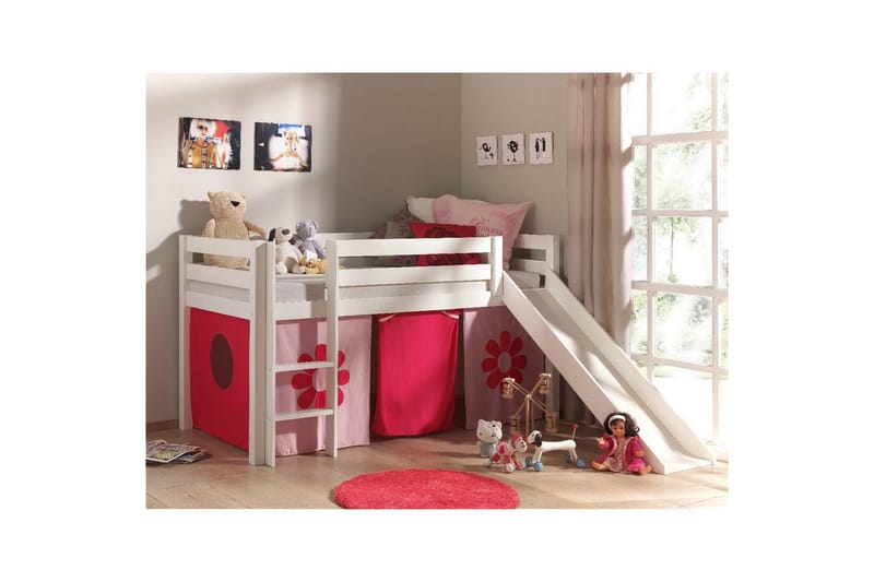 Halvhög Säng med gardin och rutschkana Pino Vit, Rosa Blomma - Vit, Rosa Blomma - Möbler - Barnmöbler - Barnsäng & juniorsäng - Loftsäng barn