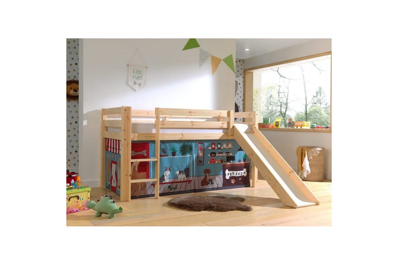 Halvhög Säng med gardin och rutschkana Pino Naturlig, Husdjursaffär - Naturlig, Husdjursaffär - Möbler - Barnmöbler - Barnsäng & juniorsäng - Loftsäng barn