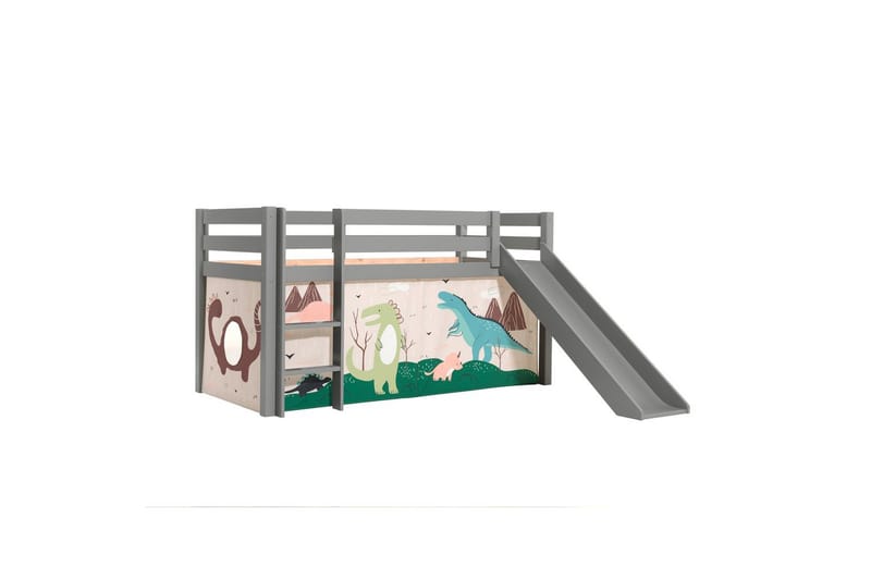 Halvhög Säng med gardin och rutschkana Pino Grå, Dino, Grå, Dino