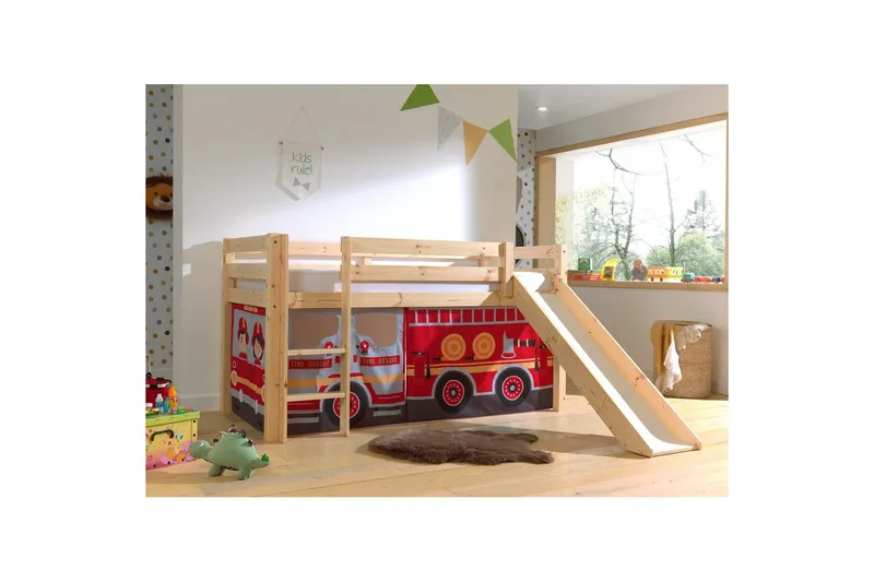 Halvhög Säng med gardin och rutschkana Pino Naturlig, Brandbil - Naturlig, Brandbil - Möbler - Barnmöbler - Barnsäng & juniorsäng - Loftsäng barn