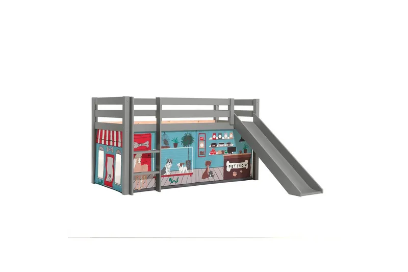 Halvhög Säng med gardin och rutschkana Pino Grå, Husdjursaffär, Grå, Husdjursaffär