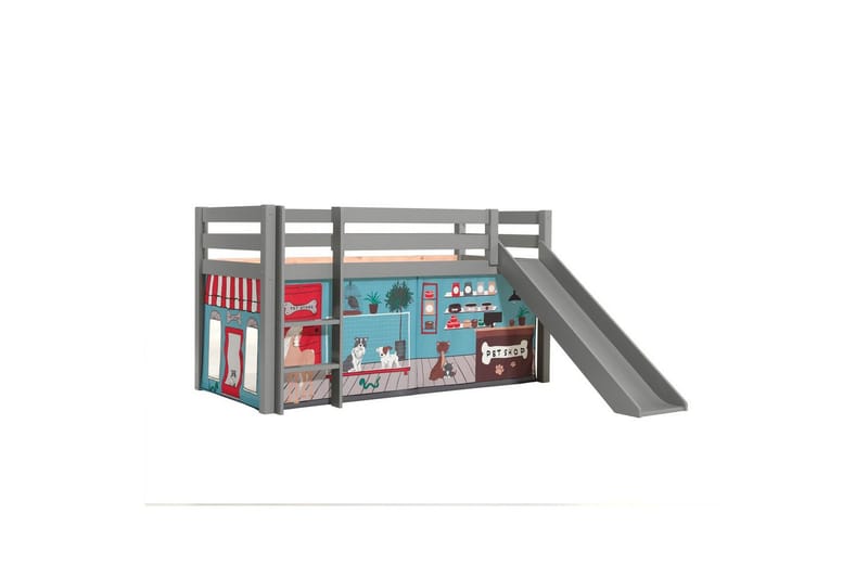 Halvhög Säng med gardin och rutschkana Pino Grå, Husdjursaffär, Grå, Husdjursaffär