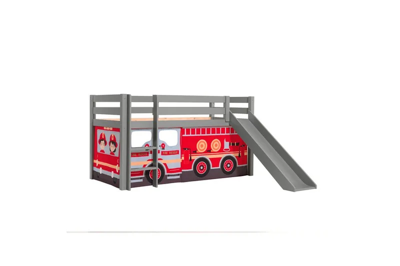 Halvhög Säng med gardin och rutschkana Pino Grå, Brandbil - Grå, Brandbil - Möbler - Barnmöbler - Barnsäng & juniorsäng - Loftsäng barn