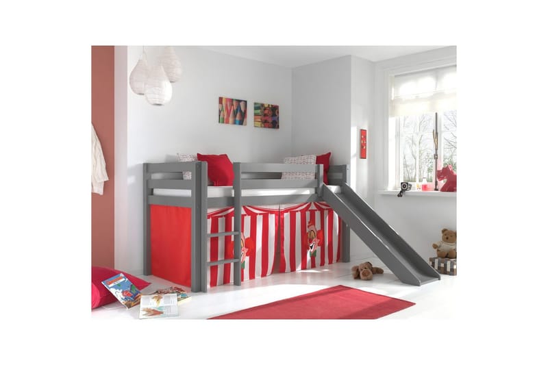 Halvhög Säng med gardin och rutschkana Pino Grå, Chucky - Grå, Chucky - Möbler - Barnmöbler - Barnsäng & juniorsäng - Loftsäng barn