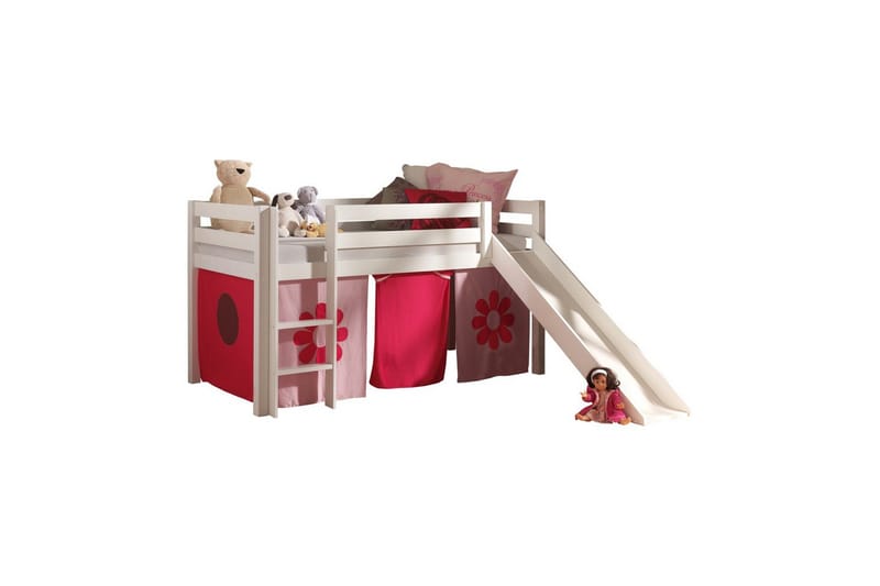 Halvhög Säng med gardin och rutschkana Pino Vit, Rosa Blomma, Vit, Rosa Blomma