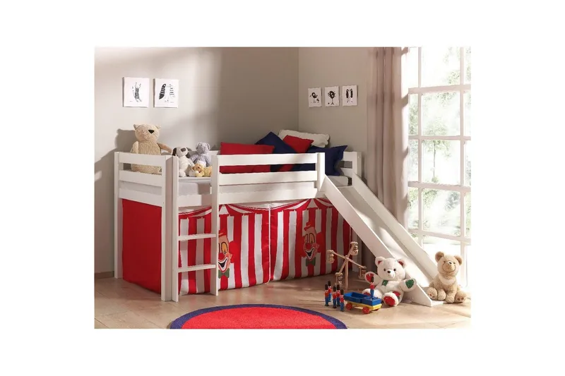 Halvhög Säng med gardin och rutschkana Pino Vit, Chucky - Vit, Chucky - Möbler - Barnmöbler - Barnsäng & juniorsäng - Loftsäng barn