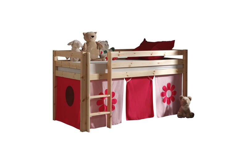 Halvhög Säng med gardin Pino Naturlig, Rosa Blomma - Naturlig, Rosa Blomma - Möbler - Barnmöbler - Barnsäng & juniorsäng - Hussäng