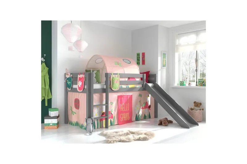 Halvhöjdssäng med gardin Pino Spring Grå, Grå, Med rutschkana, Fjäder, Vår, 3 - Grå, Grå, Med rutschkana, Fjäder, Vår, 3 - Möbler - Barnmöbler - Barnsäng & juniorsäng - Loftsäng barn