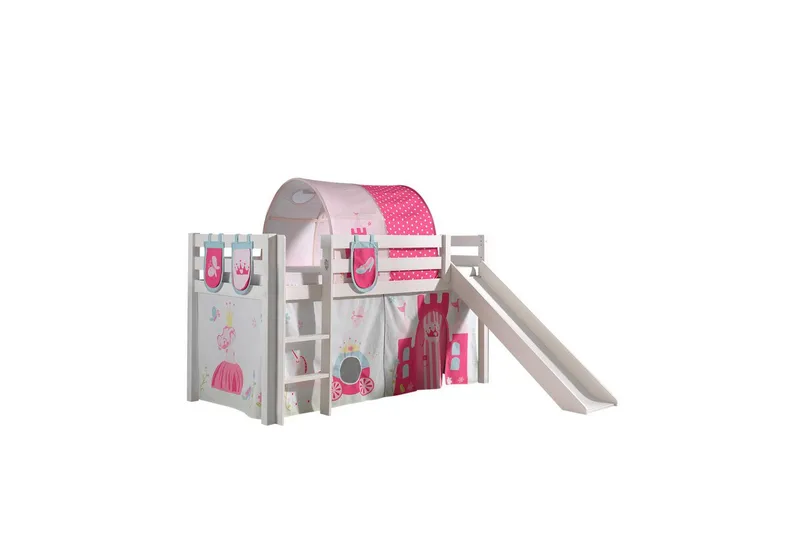 Halvhöjdssäng med gardin Pino Princess Vit, Vit, Med rutschkana, Prinsessa, 3, Vit, Vit, Med rutschkana, Prinsessa, 3
