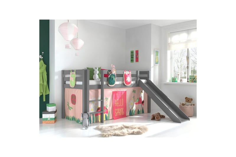 Halvhöjdssäng med gardin Pino Spring Grå, Grå, Med rutschkana, Utan tunnel, 3 - Grå, Grå, Med rutschkana, Utan tunnel, 3 - Möbler - Barnmöbler - Barnsäng & juniorsäng - Loftsäng barn