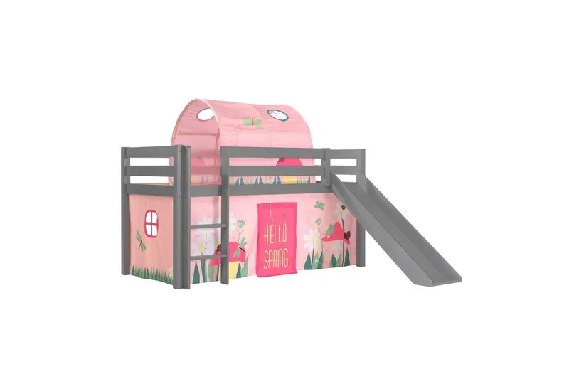 Halvhöjdssäng med gardin Pino Spring Grå, Grå, Med rutschkana, Vår, Fjäder, Utan fickor, Grå, Grå, Med rutschkana, Vår, Fjäder, Utan fickor