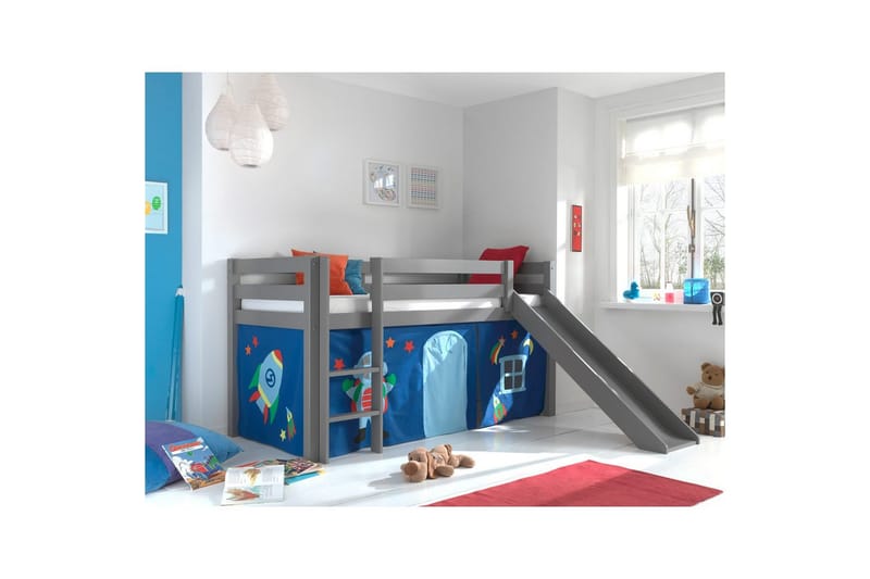 Halvhöjdssäng med gardin Pino Astro Grå, Grå, Med rutschkana, Utan tunnel, Inga fickor - Grå, Grå, Med rutschkana, Utan tunnel, Inga fickor - Möbler - Barnmöbler - Barnsäng & juniorsäng - Loftsäng barn