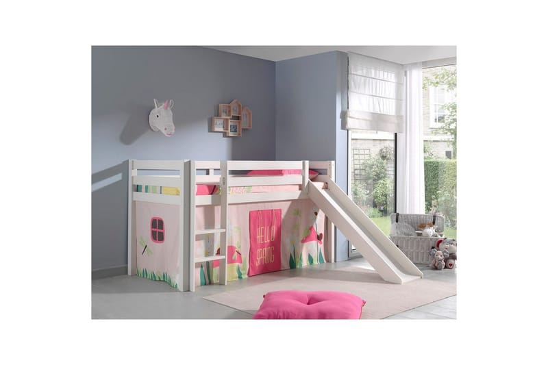 Halvhöjdssäng med gardin Pino Spring Vit, Vit, Med rutschkana, Utan tunnel, Utan fickor - Vit, Vit, Med rutschkana, Utan tunnel, Utan fickor - Möbler - Barnmöbler - Barnsäng & juniorsäng - Loftsäng barn