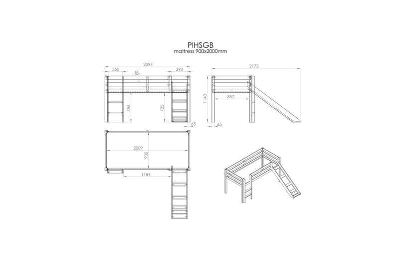 Halvhöjdssäng med gardin Pino Astro Grå, Grå, Med rutschkana, Med tunnel, 3 - Grå, Grå, Med rutschkana, Med tunnel, 3 - Möbler - Barnmöbler - Barnsäng & juniorsäng - Loftsäng barn