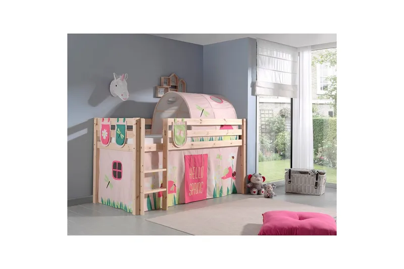 Halvhöjdssäng med gardin Pino Spring Naturlig, Naturlig, Utan rutschkana, Vår, Fjäder, 3 - Naturlig, Naturlig, Utan rutschkana, Vår, Fjäder, 3 - Möbler - Barnmöbler - Barnsäng & juniorsäng - Loftsäng barn