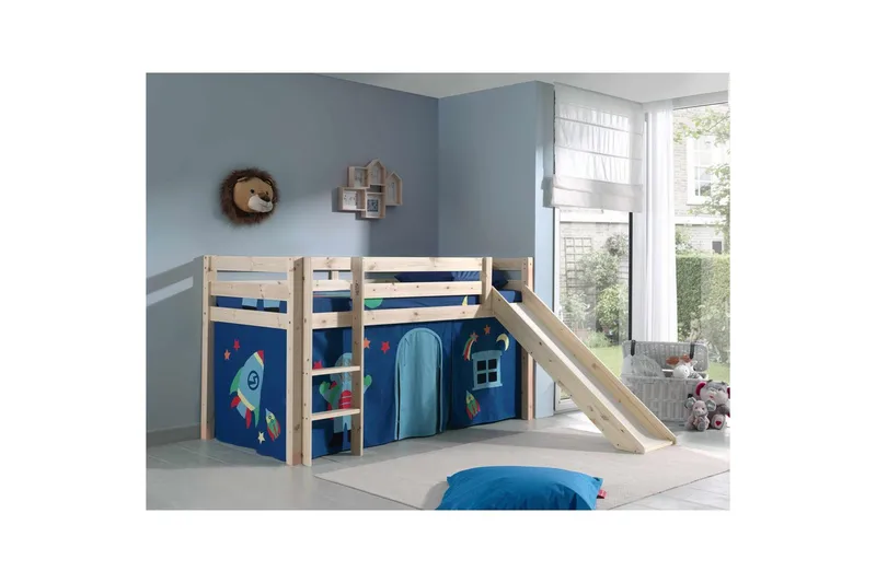 Halvhöjdssäng med gardin Pino Astro Naturlig, Naturlig, Med rutschkana, Utan tunnel, Inga fickor - Naturlig, Naturlig, Med rutschkana, Utan tunnel, Inga fickor - Möbler - Barnmöbler - Barnsäng & juniorsäng - Loftsäng barn
