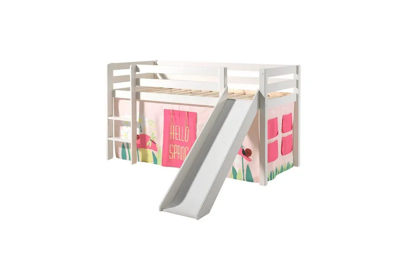 Halvhöjdssäng med gardin Pino Spring Vit, Vit, Med rutschkana, Utan tunnel, Utan fickor - Vit, Vit, Med rutschkana, Utan tunnel, Utan fickor - Möbler - Barnmöbler - Barnsäng & juniorsäng - Loftsäng barn