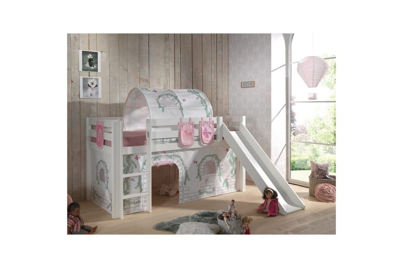 Halvhöjdssäng med gardin Pino Birdy Vit, Vit, Med rutschkana, Birdy, 3 - Vit, Vit, Med rutschkana, Birdy, 3 - Möbler - Barnmöbler - Barnsäng & juniorsäng - Loftsäng barn