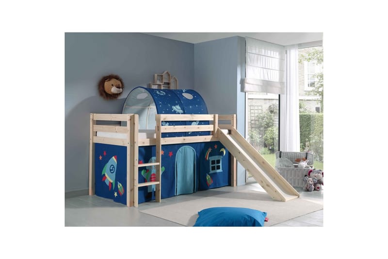 Halvhöjdssäng med gardin Pino Astro Naturlig, Naturlig, Med rutschkana, Med tunnel, Inga fickor - Naturlig, Naturlig, Med rutschkana, Med tunnel, Inga fickor - Möbler - Barnmöbler - Barnsäng & juniorsäng - Loftsäng barn