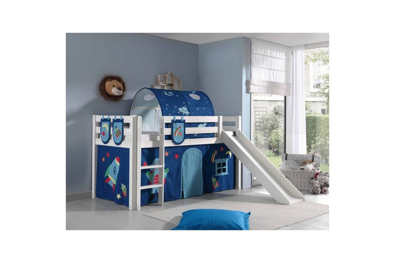 Halvhöjdssäng med gardin Pino Astro Vit, Vit, Med rutschkana, Med tunnel, 3 - Vit, Vit, Med rutschkana, Med tunnel, 3 - Möbler - Barnmöbler - Barnsäng & juniorsäng - Loftsäng barn