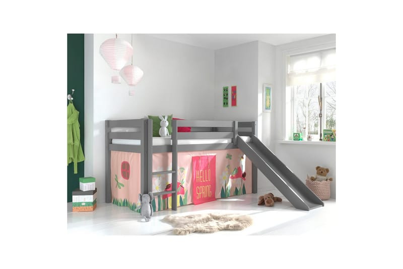 Halvhöjdssäng med gardin Pino Spring Grå, Grå, Med rutschkana, Utan tunnel, Utan fickor - Grå, Grå, Med rutschkana, Utan tunnel, Utan fickor - Möbler - Barnmöbler - Barnsäng & juniorsäng - Våningssäng barn