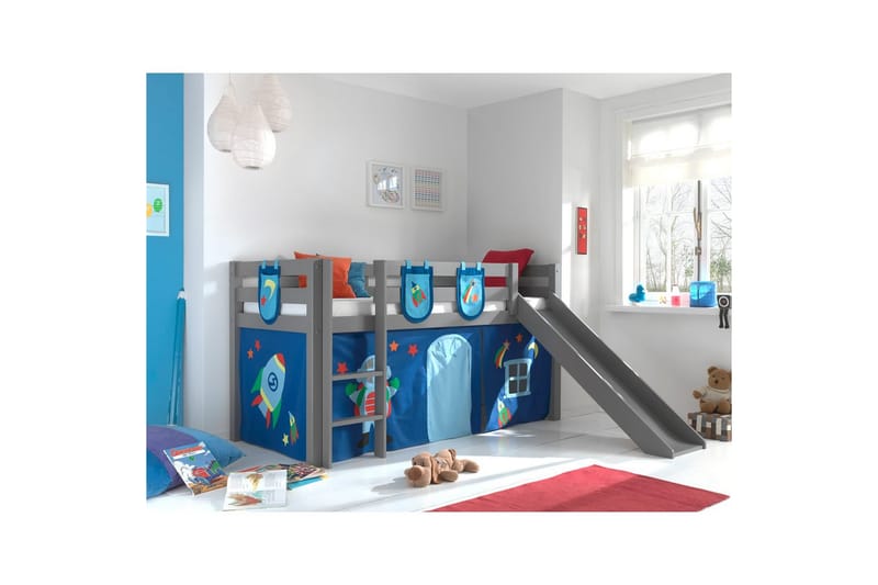 Halvhöjdssäng med gardin Pino Astro Grå, Grå, Med rutschkana, Utan tunnel, 3 - Grå, Grå, Med rutschkana, Utan tunnel, 3 - Möbler - Barnmöbler - Barnsäng & juniorsäng - Våningssäng barn