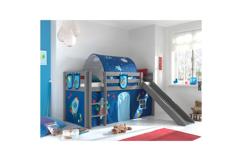 Halvhöjdssäng med gardin Pino Astro Grå, Grå, Med rutschkana, Med tunnel, 3 - Grå, Grå, Med rutschkana, Med tunnel, 3 - Möbler - Barnmöbler - Barnsäng & juniorsäng - Våningssäng barn