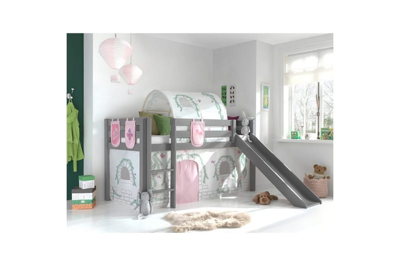 Halvhöjdssäng med gardin Pino Birdy Grå, Grå, Med rutschkana, Birdy, 3 - Grå, Grå, Med rutschkana, Birdy, 3 - Möbler - Barnmöbler - Barnsäng & juniorsäng - Våningssäng barn
