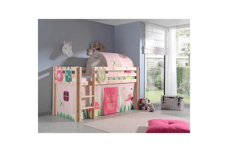 Halvhöjdssäng med gardin Pino Spring Naturlig, Naturlig, Utan rutschkana, Vår, Fjäder, 3 - Naturlig, Naturlig, Utan rutschkana, Vår, Fjäder, 3 - Möbler - Barnmöbler - Barnsäng & juniorsäng - Loftsäng barn