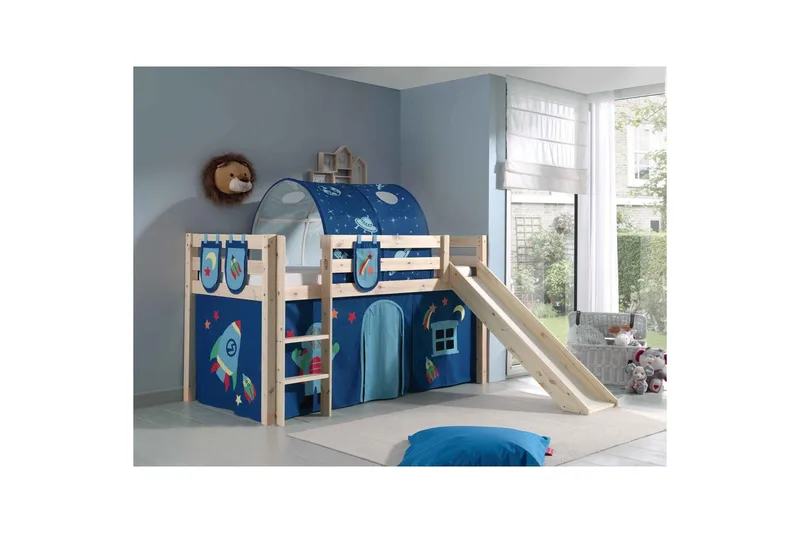 Halvhöjdssäng med gardin Pino Astro Naturlig, Naturlig, Med rutschkana, Med tunnel, 3 - Naturlig, Naturlig, Med rutschkana, Med tunnel, 3 - Möbler - Barnmöbler - Barnsäng & juniorsäng - Loftsäng barn