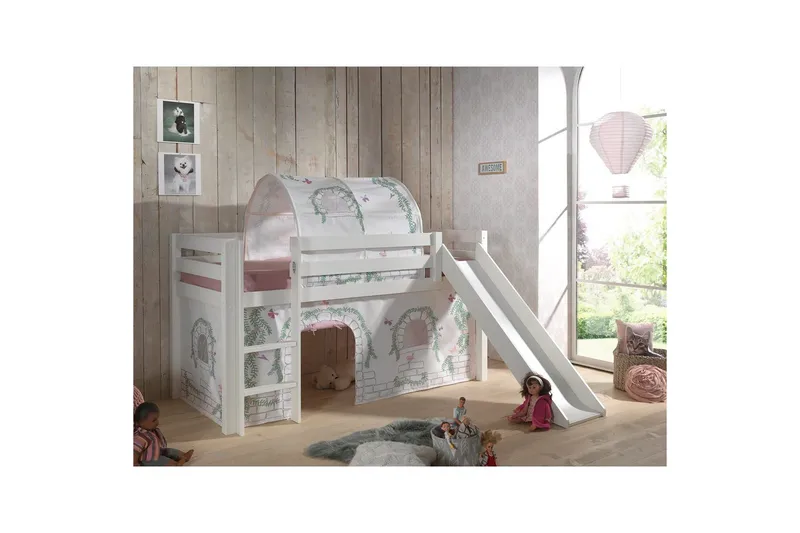 Halvhöjdssäng med gardin Pino Birdy Vit, Vit, Med rutschkana, Birdy, Inga fickor - Vit, Vit, Med rutschkana, Birdy, Inga fickor - Möbler - Barnmöbler - Barnsäng & juniorsäng - Loftsäng barn