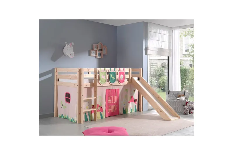Halvhöjdssäng med gardin Pino Spring Naturlig, Naturlig, Med rutschkana, Utan tunnel, 3 - Naturlig, Naturlig, Med rutschkana, Utan tunnel, 3 - Möbler - Barnmöbler - Barnsäng & juniorsäng - Loftsäng barn