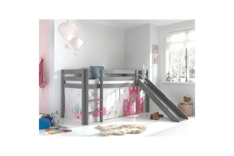 Halvhöjdssäng med gardin Pino Princess Grå, Grå, Med rutschkana, Utan tunnel, Inga fickor - Grå, Grå, Med rutschkana, Utan tunnel, Inga fickor - Möbler - Barnmöbler - Barnsäng & juniorsäng - Loftsäng barn