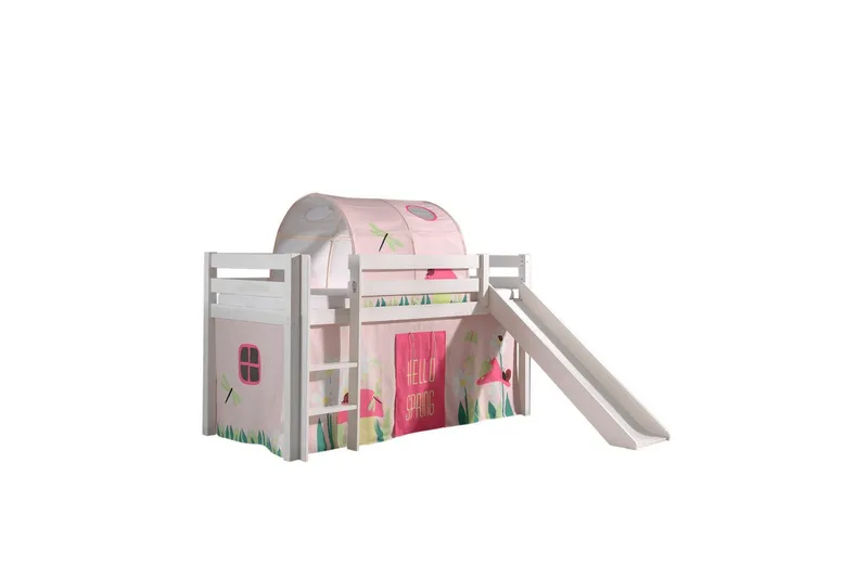 Halvhöjdssäng med gardin Pino Spring Vit, Vit, Med rutschkana, Vår, Fjäder, Utan fickor - Vit, Vit, Med rutschkana, Vår, Fjäder, Utan fickor - Möbler - Barnmöbler - Barnsäng & juniorsäng - Loftsäng barn