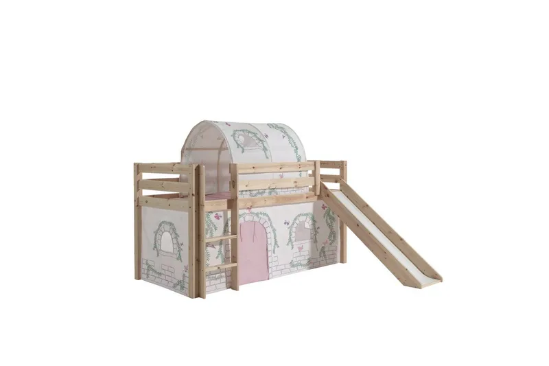 Halvhöjdssäng med gardin Pino Birdy Naturlig, Naturlig, Med rutschkana, Utan tunnel, Inga fickor - Naturlig, Naturlig, Med rutschkana, Utan tunnel, Inga fickor - Möbler - Barnmöbler - Barnsäng & juniorsäng - Loftsäng barn