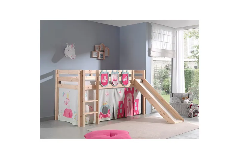 Halvhöjdssäng med gardin Pino Princess Naturlig, Naturlig, Med rutschkana, Utan tunnel, 3 - Naturlig, Naturlig, Med rutschkana, Utan tunnel, 3 - Möbler - Barnmöbler - Barnsäng & juniorsäng - Loftsäng barn