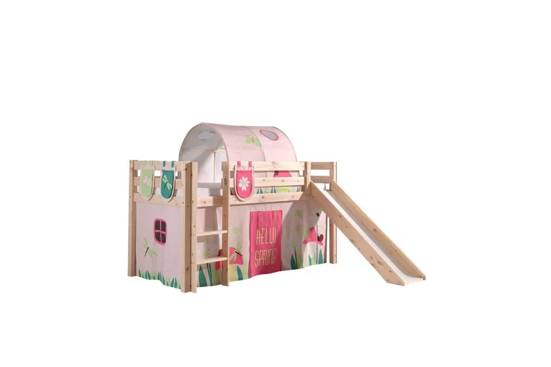 Halvhöjdssäng med gardin Pino Spring Naturlig, Naturlig, Med rutschkana, Vår, Fjäder, 3 - Naturlig, Naturlig, Med rutschkana, Vår, Fjäder, 3 - Möbler - Barnmöbler - Barnsäng & juniorsäng - Loftsäng barn