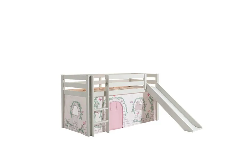 Halvhöjdssäng med gardin Pino Birdy Vit, Vit, Med rutschkana, Utan tunnel, Inga fickor, Vit, Vit, Med rutschkana, Utan tunnel, Inga fickor