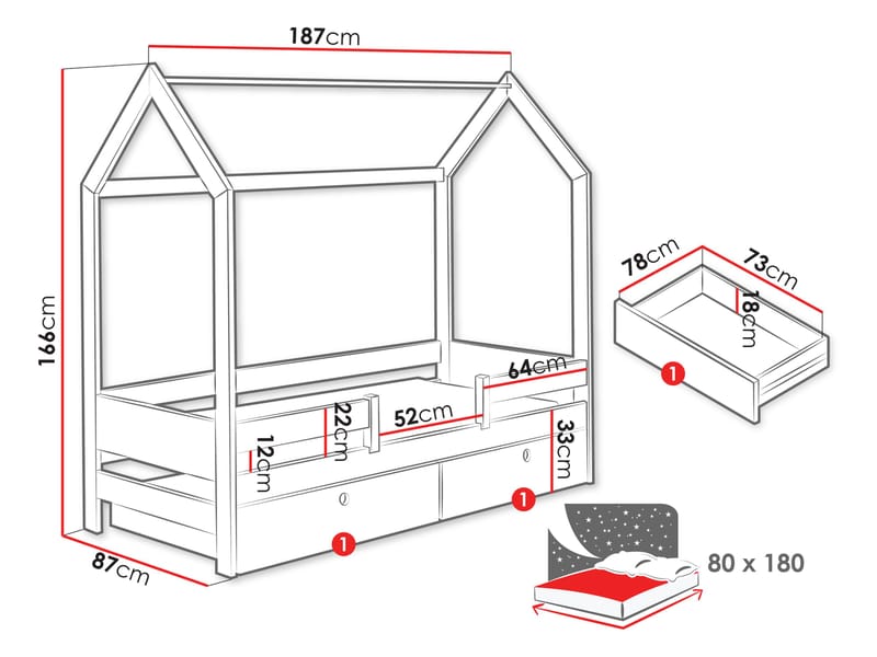 Kagetaka Sängram Hussäng 80x180 cm med förvaring - Vit - Möbler - Barnmöbler - Barnsäng & juniorsäng - Hussäng