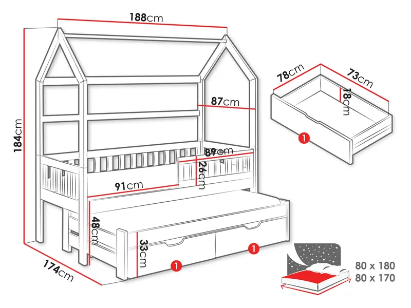 Majbelle Sängram Hussäng 80x180 cm med förvaring och extra liggplats - vit - Möbler - Barnmöbler - Barnsäng & juniorsäng - Hussäng