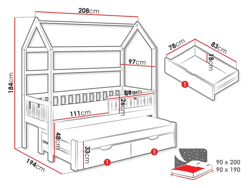Majbelle Sängram Hussäng 90x200 cm med förvaring och extra liggplats - brun - Möbler - Barnmöbler - Barnsäng & juniorsäng - Hussäng
